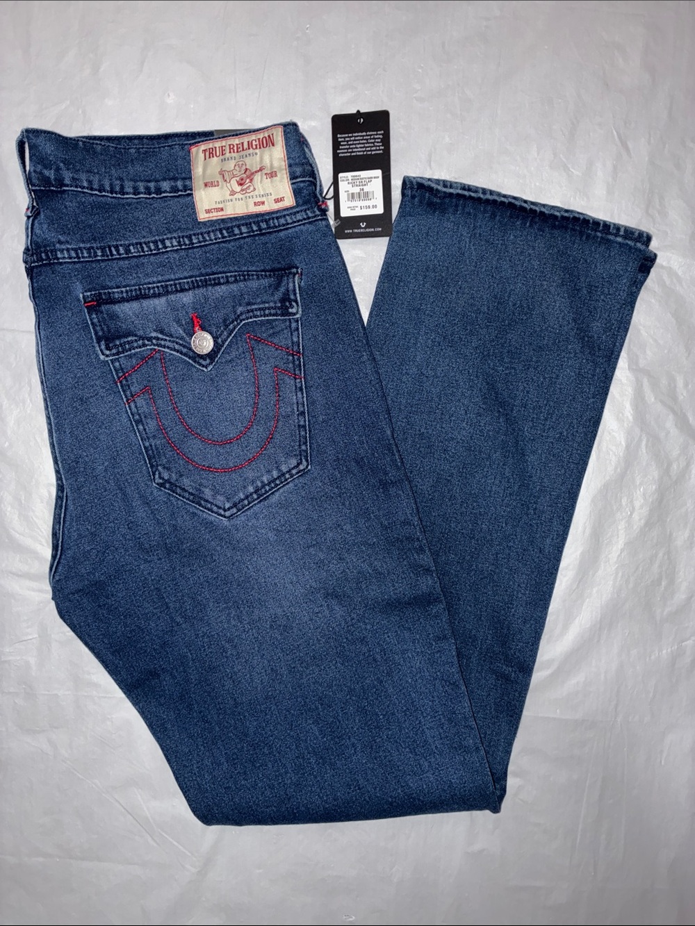 True Religion “Ricky Relaxed Straight” Men’s Dark Wash Jeans with Red Stitching